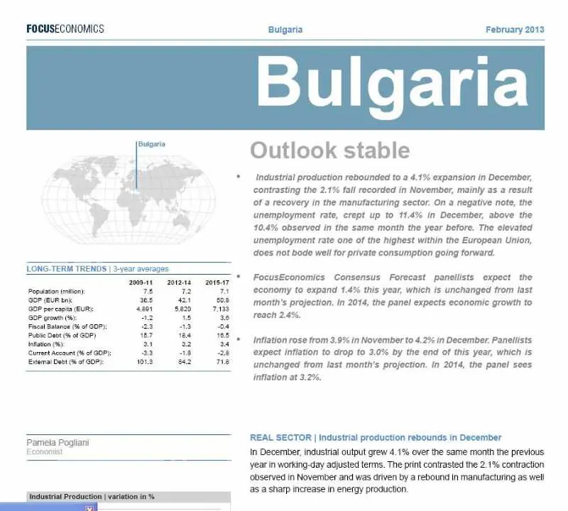 FocusEconomics вещае стабилна икономическа перспектива за България